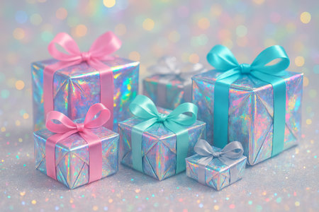 Iridescent holiday gifts with colorful bows arranged in festive composition. concept of celebratory decor, gift giving, holiday festivities.の写真素材