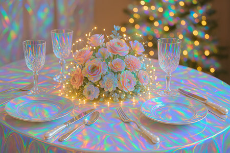 Iridescent festive elegance on a table with floral centerpiece and glassware. concept of...