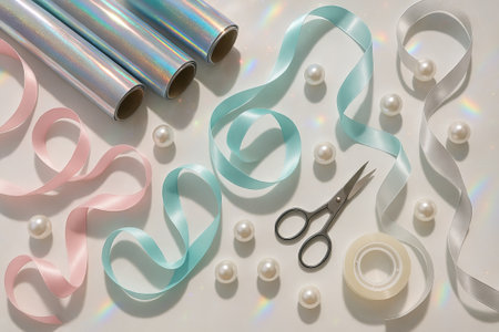 Festive wrapping essentials featuring colorful ribbons, scissors, and pearls for creative gift...