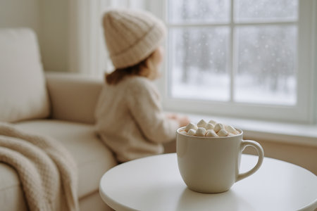 Cozy scene of child in winter attire sitting by window with warm cocoa and marshmallows indoors. concept of comfort, childhood relaxation, and winter enjoyment.の写真素材