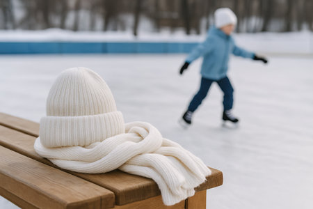 Winter knit hat and scarf on bench near ice rink with child ice skating in background. concept of cozy winter clothing, outdoor activity, fun.の写真素材