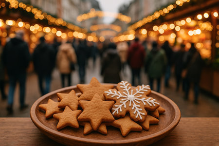 Gingerbread cookies on wooden plate at christmas market with festive lights and people in background. concept of holiday tradition, cozy winter, festive atmosphere.の写真素材