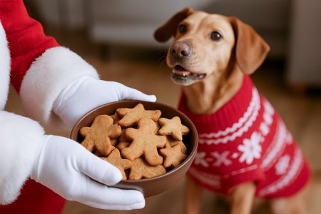 Santa and dog in festive setting with christmas cookies for holiday celebration. concept of holiday spirit, festive atmosphere, joyful companionship.の写真素材