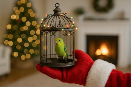 Santa's mitten holding a cage with a parrot against christmas decor and fireplace bokeh. concept of holiday spirit, festive surroundings, warmth.の写真素材