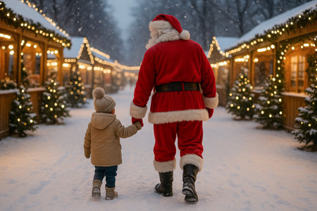 Santa claus walking hand in hand with young child in snowy christmas market scene. concept of festive family outing, holiday spirit, winter wonderland.の写真素材