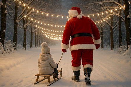 Santa claus and child sledding through snowy winter wonderland illuminated by twinkling lights...