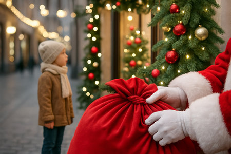 Santa claus holding gift sack next to christmas tree while young child watches in winter clothing. concept of holiday tradition, festive season, joyful christmas celebration.の写真素材