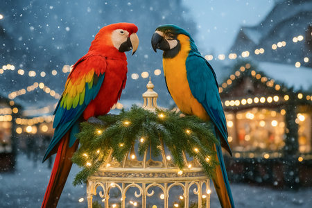 Two colorful parrots at a festive night market displaying vibrant plumage amidst sparkling lights and snowfall. concept of exotic birds, winter festival, holiday cheer.の写真素材