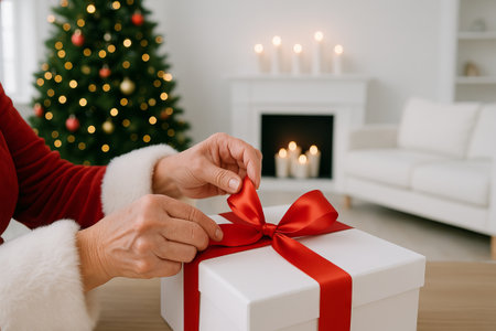 Festive holiday gift wrapping with red ribbon in cozy living room setting featuring christmas tree and candlelight decor for seasonal celebration joy.の写真素材