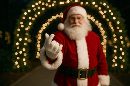 Santa claus gesturing amid festive holiday lights in park during christmas celebration. concept of holiday magic, cheerful festivity, winter wonderland.の写真素材