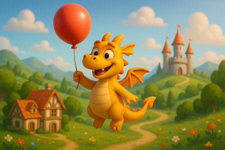 Cute dragon holding red balloon in whimsical landscape with castle and cottage illustration. concept of fantasy adventure, imagination, playful creature.の写真素材