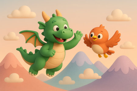 Cute green dragon and orange bird illustration in fantasy adventure scene with mountains and clouds in pastel colors. concept of friendship, whimsy, and playful exploration.の写真素材
