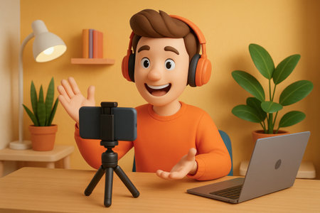 Cheerful blogger in studio with laptop and phone illustration. concept of content creation, social media influence, digital communication.の写真素材