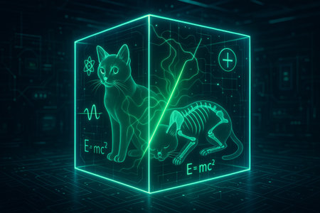 Schrodinger's cat in a cube with neon scientific symbols and formulas illustration. concept of quantum physics, superposition principle, science education.の写真素材