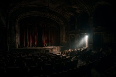 Eerie abandoned theater with dramatic lighting and dusty seats creating a mysterious atmosphere of neglect and decay. concept of urban exploration, history, forgotten places.の写真素材