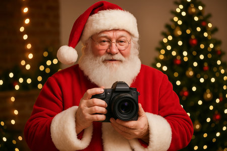 Santa claus taking photos with a camera in front of a festive christmas tree. concept of holiday photography, christmas tradition, festive celebration.の写真素材