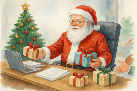 Santa claus as a director at christmas sitting at desk with gifts and laptop, celebration of holiday spirit, concept of festive leadership, santa illustration.の写真素材