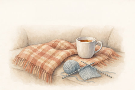 Cozy blanket and hot coffee on sofa illustration with knitting yarn and needles, concept of relaxation, warmth, and comfort in a serene home setting.の写真素材