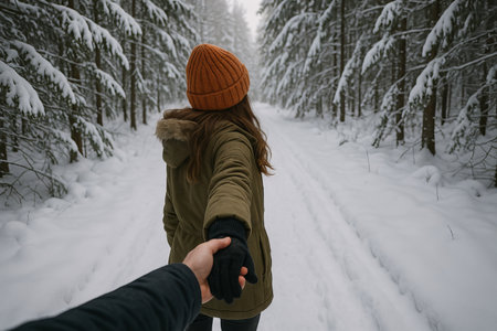 Young woman in warm winter clothes enjoying a scenic forest walk in snow-covered landscape. concept of winter adventure, nature exploration, outdoor activity.の写真素材