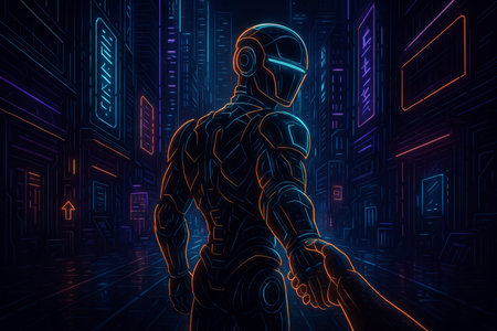 Futuristic robot in cyberpunk cityscape holding human hand under neon lights illustration. concept of artificial intelligence, human interaction, sci-fi urban setting.の写真素材