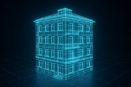 3d hologram of a building in neon blue wireframe style on dark background. concept of futuristic architecture, digital design, innovative visualization, virtual reality.の写真素材