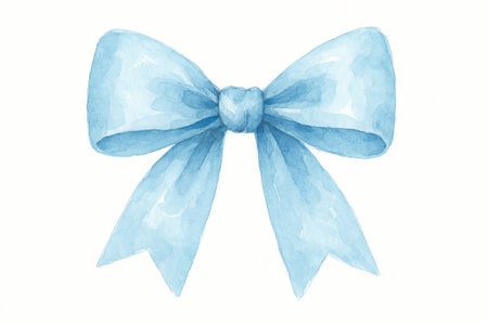 Watercolor blue bow illustration on white background for simple composition and decorative design.の写真素材