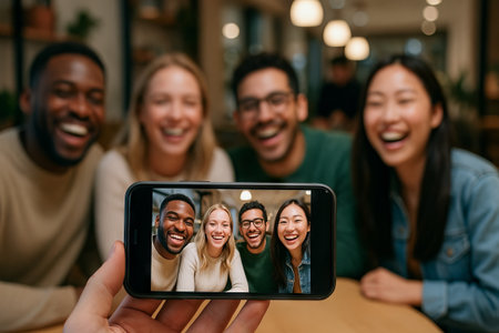 Group of friends taking a fun selfie in a cafe capturing laughter and friendship moments indoors. concept of social bonding, cheerful gatherings, friendship memories.の写真素材