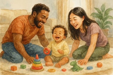 Multiracial family enjoying playtime with baby in cozy living room illustration. concept of family bonding, childhood happiness, playful interaction.の写真素材