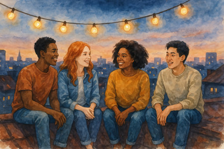 Diverse group of friends enjoying rooftop sunset with string lights watercolor illustration. concept of friendship, diversity, evening relaxation.の写真素材
