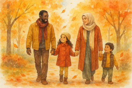 Autumn family walk with african american father and middle eastern mother holding hands with children in watercolor illustration. concept of family bonding, fall season, togetherness.の写真素材