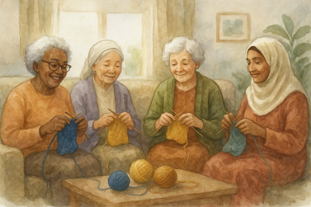 Elderly women of diverse backgrounds engaged in knitting together at cozy home in watercolor illustration. concept of multicultural friendship, creative craft, intergenerational bonding.の写真素材