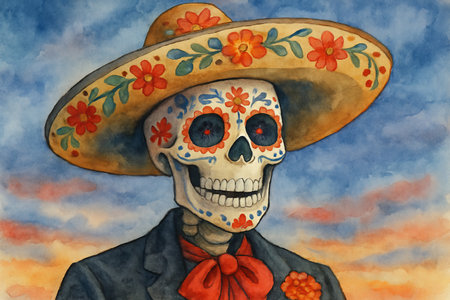Smiling skeleton in sombrero watercolor illustration with floral patterns and colorful sky. concept of day of the dead celebration, mexican culture, festive decor.の写真素材