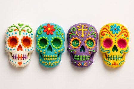 Colorful sugar skulls decoration for day of the dead celebration on white background. concept of mexican tradition, cultural art, festive decor, SET.の写真素材