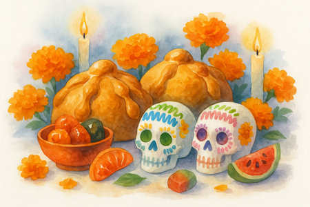 Day of the dead still life with watercolor decorations and traditional offerings. concept of mexican culture, festive celebration, vibrant art.の写真素材