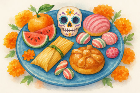 Mexican delicacies and marigold flowers on blue plate watercolor illustration. concept of cultural cuisine, festive decor, traditional holiday celebration.の写真素材