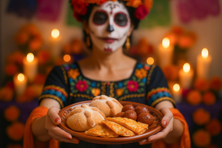 Day of the dead celebration with traditional mexican sweets and decor in vibrant colors. concept of cultural festivity, traditional cuisine, mexican heritage.の写真素材