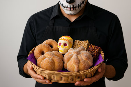 Mexican sweets basket with sugar skull and pastries for dia de los muertos celebration. concept of traditional festival, cultural heritage, festive decoration.の写真素材