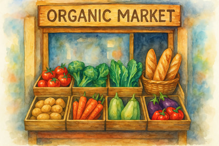 Organic market illustration featuring fresh vegetables and bread in wooden bins. concept of healthy eating, farm-to-table produce, organic lifestyle.の写真素材