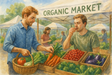 Watercolor illustration of farmers market with people buying fresh vegetables and fruits. concept of organic produce, local vendors, summer market experience.の写真素材