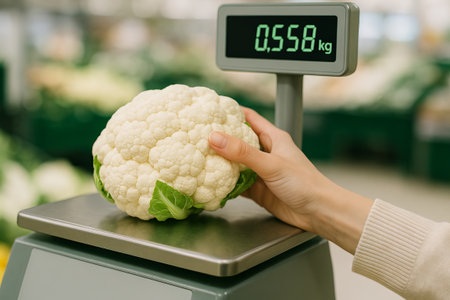 Cauliflower weighing on electronic scale in grocery store produce aisle. concept of fresh vegetables, healthy eating, supermarket shopping.の写真素材