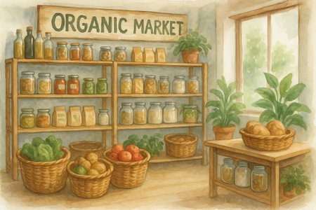 Eco market interior illustration featuring organic produce and natural decor in a bright sunlit setting. concept of sustainable shopping, healthy lifestyle, eco-friendly market.の写真素材