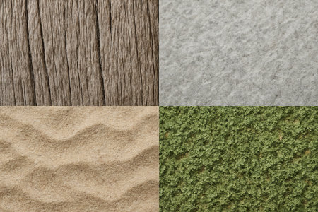 Natural textures collage featuring wood, stone, sand, and moss close-up. concept of nature's diversity, detailed surface patterns, organic materials.の写真素材