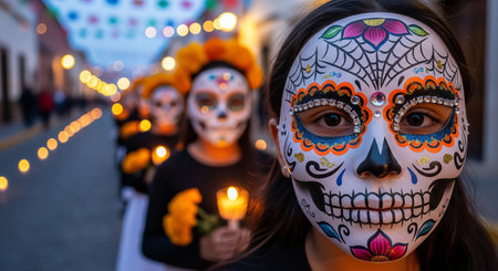 Day of the dead celebration with people in traditional makeup and colorful costumes in vibrant outdoor festival. concept of cultural heritage, festive atmosphere, traditional celebration.の写真素材