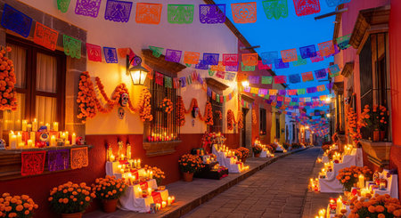 Colorful day of the dead street scene with vibrant decorations and marigold flowers at dusk. concept of cultural celebration, traditional holiday, mexican festivity.の写真素材