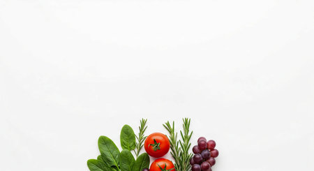 Fresh spinach, tomatoes, rosemary, and grapes arrangement on white background for healthy food and nutrition. concept of organic ingredients, culinary inspiration, natural diet, copy space.の写真素材