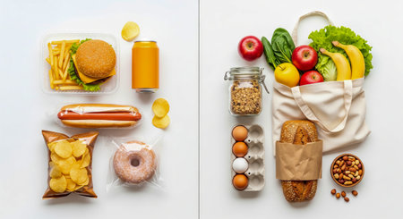 Comparison of junk food and healthy groceries featuring fast food and fresh produce on a white...