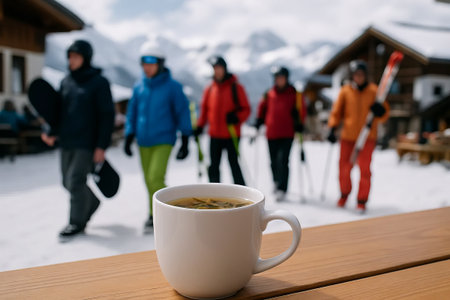 Steaming cup of tea on wooden table in snowy mountain ski resort with skiers in background. concept of winter beverage, mountain vacation, outdoor adventure.の写真素材
