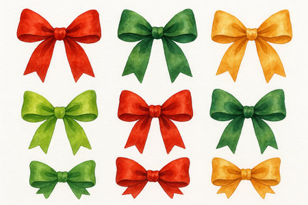 Festive watercolor bows in red, green, and yellow with simple composition for holiday decoration and ornament illustration, SET.の写真素材