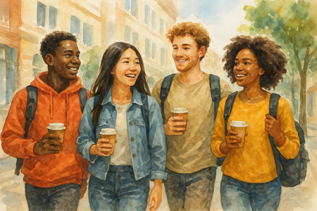 Diverse group of young friends enjoying a city walk with coffee on a sunny day. concept of friendship, urban adventure, multicultural gathering.の写真素材