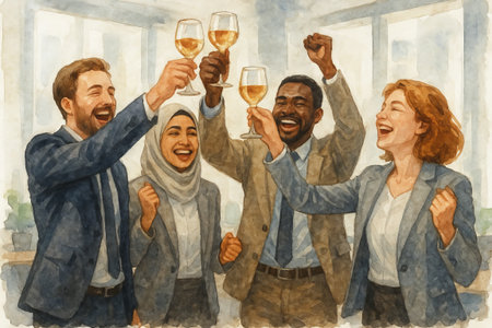 Joyful multicultural business team celebrating success with toasting glasses of champagne in office setting. concept of diversity, victory celebration, workplace unity.の写真素材